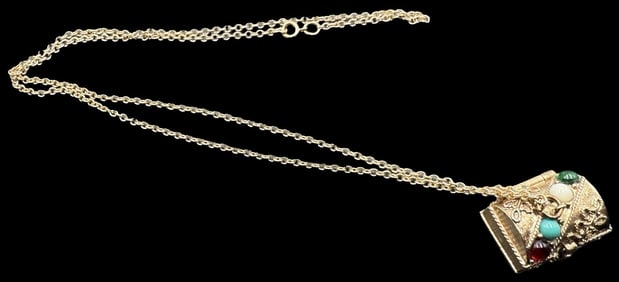 Whimsical Vintage AVON Goldtone Metal Costume Jewelry Treasure Box Pendant Necklace