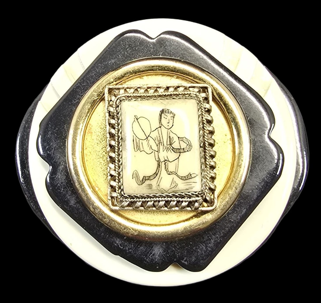 Very Unusual Vintage Mid-Century Asian Scrimshaw Brooch: Very good vintage condition with minor patina according to age. Measures approx. 2" wide and weighs ca. 21 grams. SHIPPING: We ship in-house and charge a flat fee of $12 for any order of 5 small items