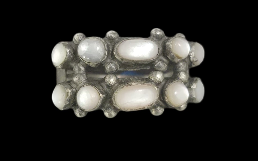 Vintage Mid-Century Handmade Sterling Silver & White Gemstone Ring: Very good vintage condition with minor patina and wear according to age. The ring is a size 6 1/2 and weighs ca. 3.5 grams. Tested for Sterling Silver. SHIPPING: We ship in-house and charge a flat fee