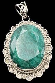 Large & Ornate Vintage Sterling Silver & Emerald Pendant
