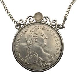 Vintage European 800 Silver, Rose Quartz & Maria Theresia Thaler Pendant Necklace