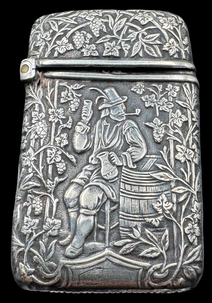 Ornate Antique 19th Century European Match Box: Very good antique condition with minor patina according to age. Measures approx. 1 7/8" long x 1 1/8" wide and weighs ca. 11.6 grams. Marked. SHIPPING: We ship in-house and charge a flat fee of $12 fo