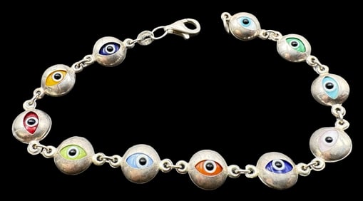 Beautiful Vintage Sterling Silver Mutli-Color Evil Eye Good Luck Bracelet