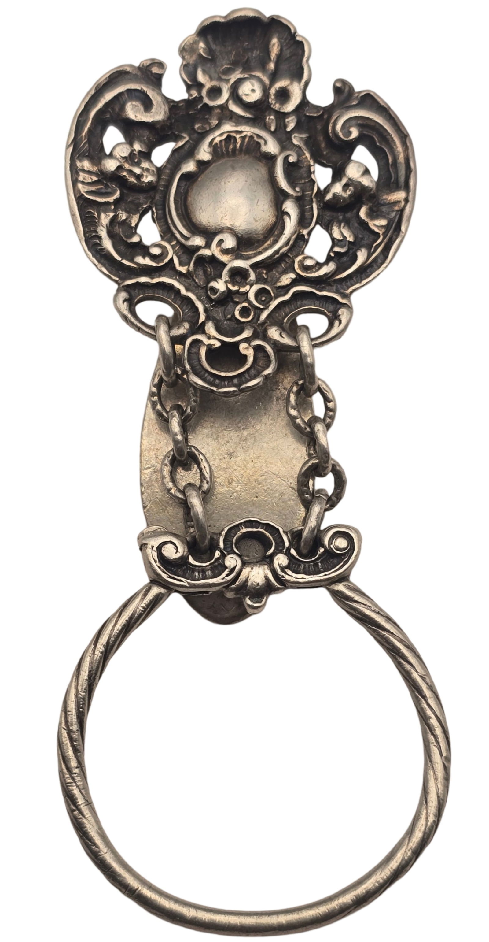 Antique Austrian or Bavarian 800 Silver Charivari Chain Holder Clip: Tested for a minimum of 800 Silver. SHIPPING: We ship in-house and charge a flat fee of $12 for any order of 5 small items (rings, necklaces, bracelets, pendants, earrings, coins, miniatures, etc.) or