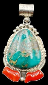 Vintage Native American RUNNING BEAR TRADING Sterling Silver, Turquoise & Coral Pendant