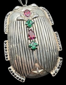 Gorgeous Large REM France Sterling Silver & Multi-Color Gemstone Egyptian Scarab Pendant Necklace