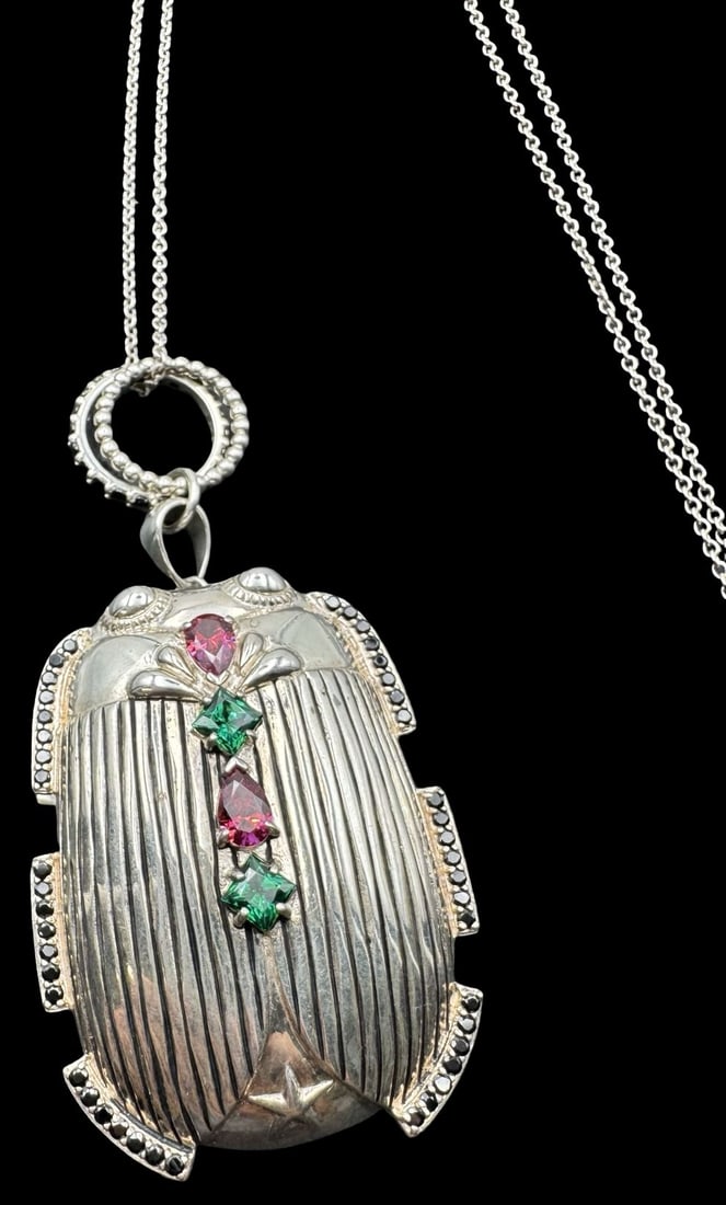 Gorgeous Large REM France Sterling Silver & Multi-Color Gemstone Egyptian Scarab Pendant Necklace (1 of 8)
