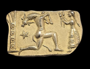 Unusual Vintage European Gilt 800 Silver Brooch /w Sumerian Barrel Seal Imprint Design