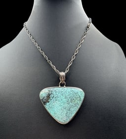 Large Vintage Sterling Silver Turquoise Pendant /w 800 Silver Chain