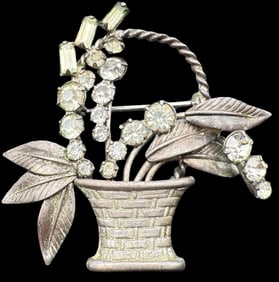 Gorgeous Vintage SKL Sterling Silver & Clear Rhinestone Flower Basket Brooch