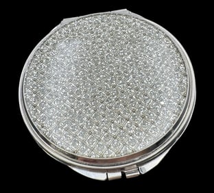 Stylish Vintage Pocket Mirror Compact /w Clear Rhinestones Cluster Surface