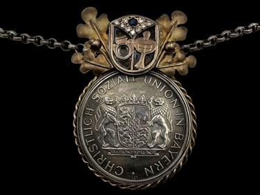 Very Unusual Vintage German Bavarian Fine Silver Medal & Gemstone Pendant on an 800 Silver Rolo