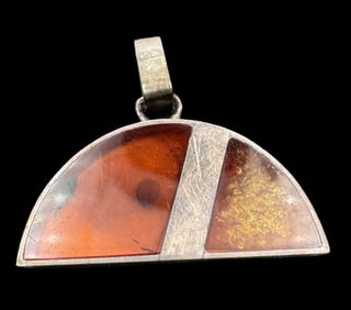 Vintage Mid-Century Modern Polish Sterling Silver & Amber Pendant