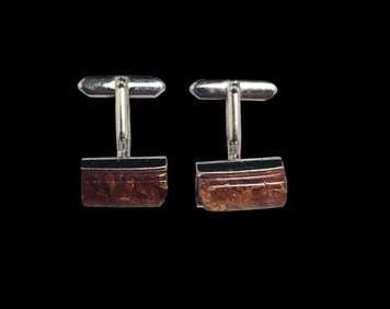 Vintage Mid-Century European 835 Silver & Amber Cufflinks