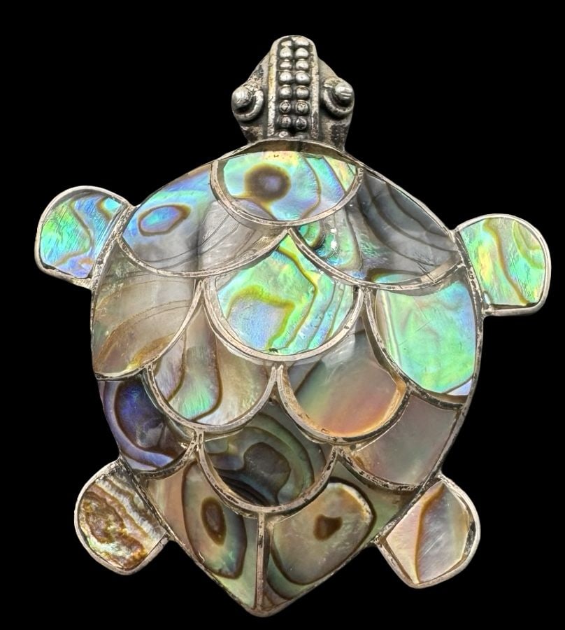 Whimsical Vintage Sterling Silver & Abalone Shell Turtle Pendant Brooch Pin: Very good vintage condition with minor patina according to age. Measures approx. 1 1/2" long x 1 1/4" wide and weighs ca. 6.2 grams. Marked for Sterling Silver. SHIPPING: We ship in-house and charge a