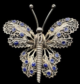 Beautiful Antique 800 Silver & Enamel Filigree Butterfly Designer Pin Brooch