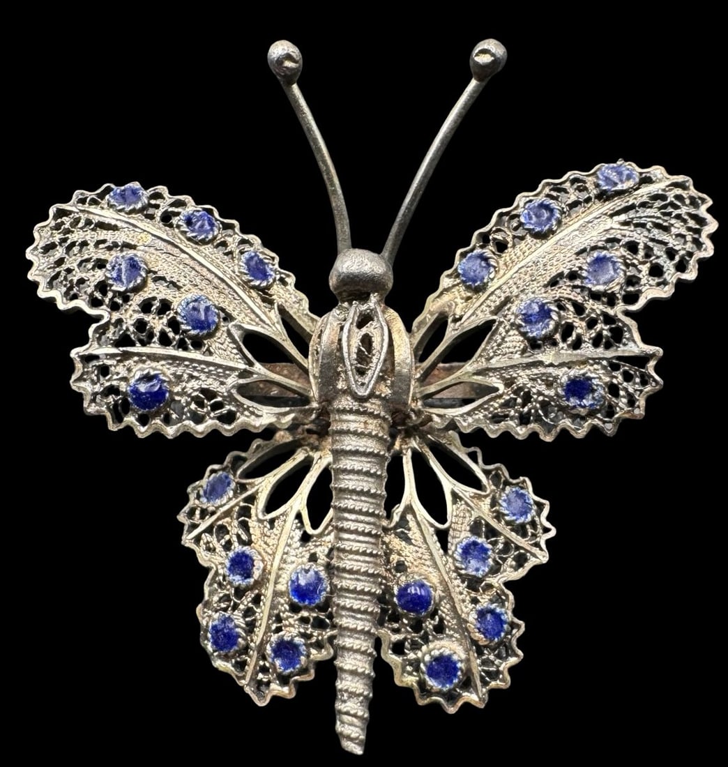 Beautiful Antique 800 Silver & Enamel Filigree Butterfly Designer Pin Brooch (1 of 3)