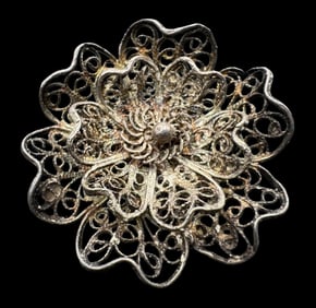 Ornate Antique Ca. 1920s European  800 Silver Filigree Flower Brooch