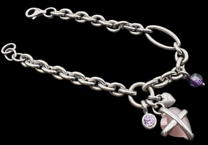 Vintage Sterling Silver Begging Bracelet /w 4 Pendants & Pink, Purple Stones