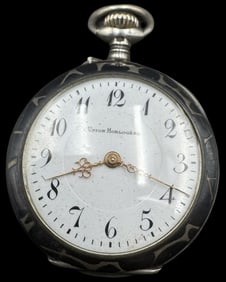 Unusual Antique Swiss UNION HORLOGERE 800 Niello Silver Pocket Watch