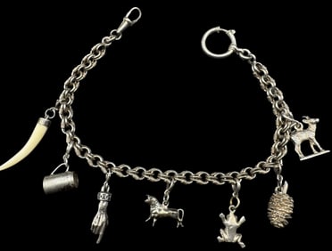 Amazing Antique Alpine European 800 Silver Hunter Pocket Watch Chain /w Pendant Charms