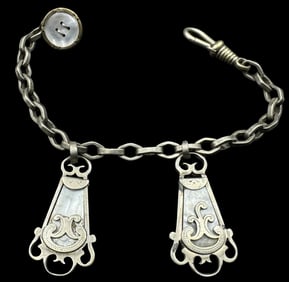 Ornate Vintage European 800 Silver Pocket Watch Chain /w Two Pendants & One Button