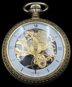 Beautifully Ornate Vintage GENEVE Gold Plated Metal Skeleton Pocket Watch