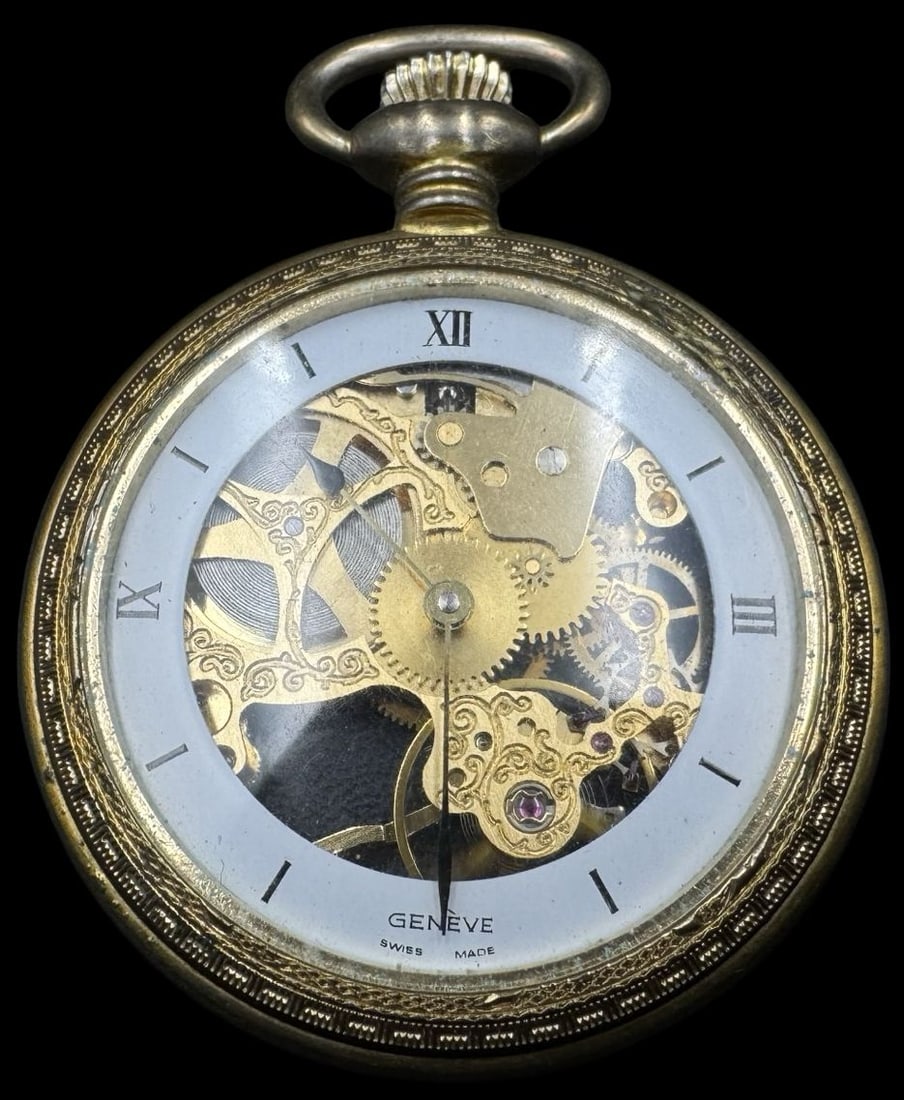 Beautifully Ornate Vintage GENEVE Gold Plated Metal Skeleton Pocket Watch (1 of 2)