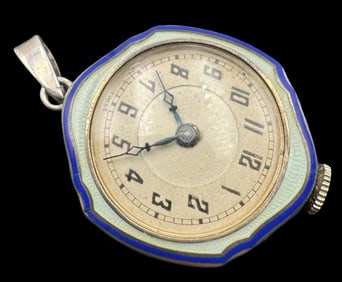 Amazing Antique Sterling Silver & Guilloche Enamel Ladies Watch Pendant