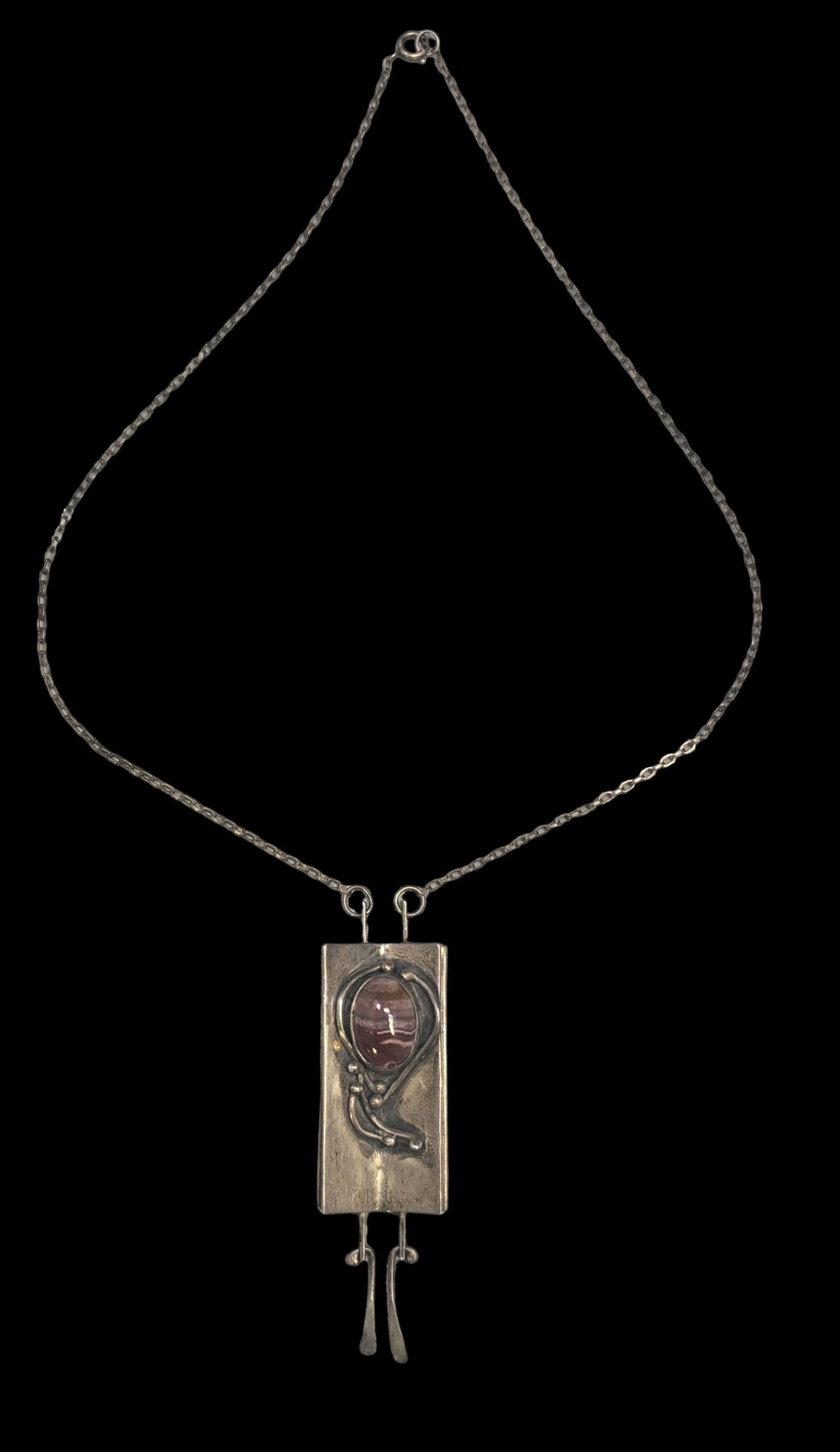 Vintage Mid-Century Modern Brutalist Sterling Silver & Rhodonite Pendant Necklace: Very good vintage condition with minor patina and wear according to age. Measures approx. 12" long (necklace) and weighs ca. 39.5 grams. Marked for Sterling Silver on the back. SHIPPING: We ship in-ho