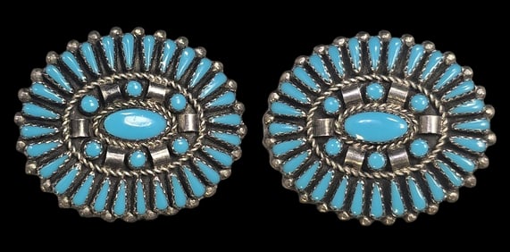 Vintage Native American Zuni Sterling Silver & Turquoise Cluster Earrings