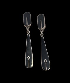 Very Unusual Vintage Mid-Century Modern Sterling Silver & Black Enamel Earrings