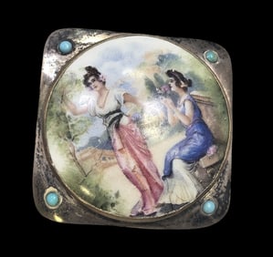 Antique Sterling Silver & Porcelain Plaque Brooch