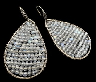 Unusual Vintage Gilt Sterling Silver & Moonstone Cluster Bead Earrings