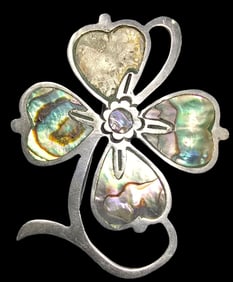 Vintage TAXCO Mexico Sterling Silver & Mother of Pearl 4-Leaf Clover Designer Brooch