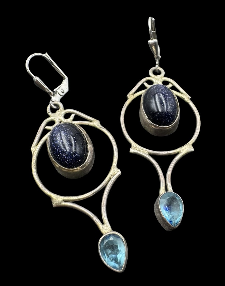 Unusual Vintage Sterling Silver, Aventurine & Blue Topaz Earrings: Very good vintage condition with minor patina according to age. Each measures approx. 2" long x 7/8" wide and the entire piece weighs ca. 10.2 grams. Marked for Sterling Silver. SHIPPING: We ship in-h