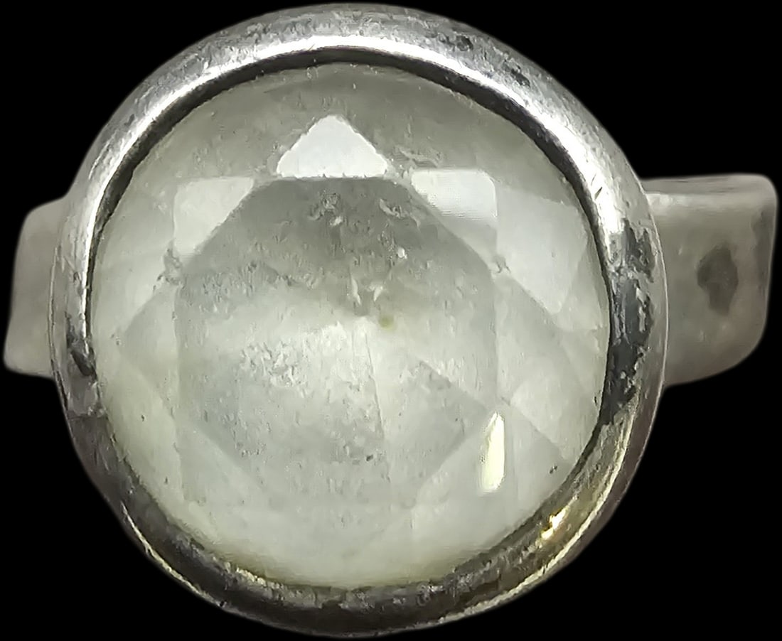 Vintage Mid-Century Modern European Sterling Silver & Rock Crystal Ring: Very good vintage condition with some patina and wear according to age. Ring is a size 6 1/2 and weighs ca. ca. 5.2 grams. Marked for Sterling Silver. SHIPPING: We ship in-house and charge a flat fee