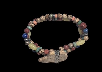 Vintage CAROLYN POLLACK Sterling Silver & Gemstone Beaded Bear Fetish Stretch Bracelet