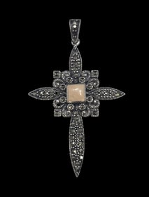 Unusual Vintage Sterling Silver & Gemstone Cross Pendant