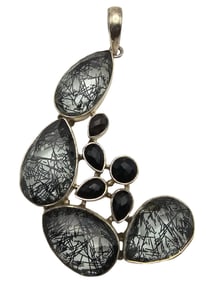 Unusual Vintage Sterling Silver, Rutile Quartz & Gemstone Pendant