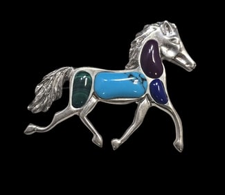 Very Unusual Vintage TAXCO Mexico Sterling Silver & Gemstone Horse Brooch