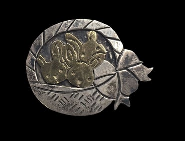 Unusual Vintage Mid-Century Mexican Partially Gilt Sterling Silver Bunny Basket Brooch