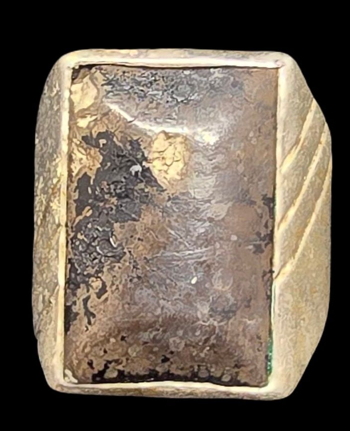 Vintage Mid-Century Modern Sterling Silver & Gemstone Men's Ring: Very good vintage condition with minor patina and wear according to age. The ring is a size 9 and weighs ca. 10.5 grams. Marked for Sterling Silver. SHIPPING: We ship in-house and charge a flat fee of