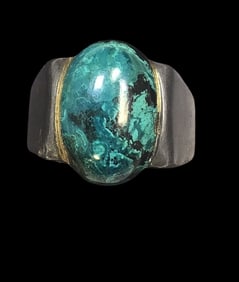 Vintage Mid-Century Modern Israeli Sterling Silver & Green Gemstone Judaica Ring