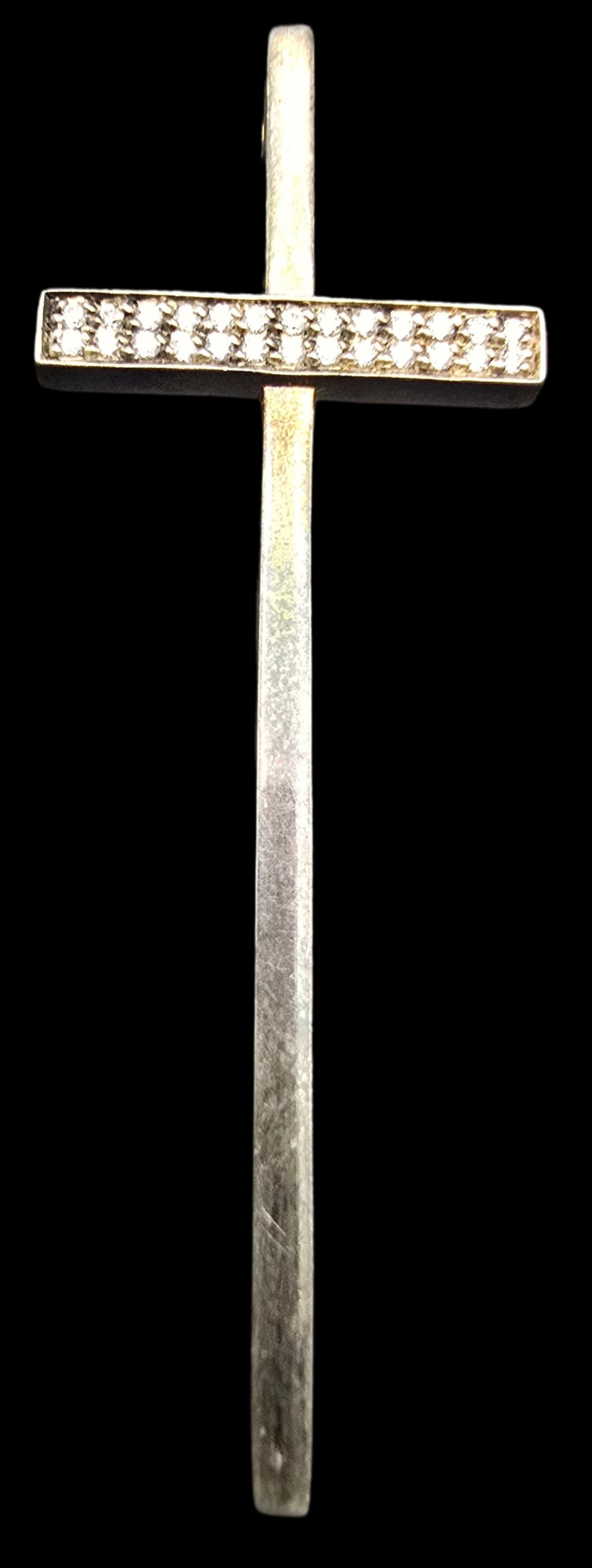 Unusual Vintage Mid-Century Modern Sterling Silver & Rhinestone Cross Pendant: Very good vintage condition with some patina and wear according to age. Measures approx. 2 1/2" long and weighs ca. ca. 6.1 grams. Marked for Sterling Silver. SHIPPING: We ship in-house and charge a f