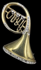 Vintage Italian Gold Plated Sterling Silver & Rhinestone Musical Instrument Brooch