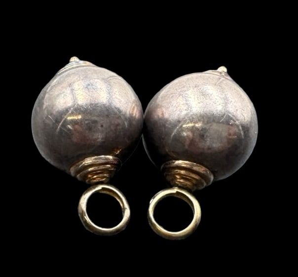 Pair of Antique Sterling Silver & 14K Gold Charms: Very good vintage condition with minor patina according to age. Each measures approx. 1" long x 1/2" wide and they jointly weigh ca. 5.2 grams. Marked for 14K gold. SHIPPING: We ship in-house and char