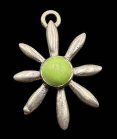 Vintage Sterling Silver & Green Gemstone Sunflower Designer Pendant Charm