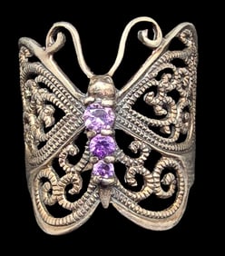 Vintage Mid-Century Sterling Silver & Gemstone Butterfly Ring