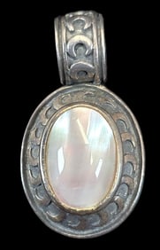 Vintage Mid-Century Sterling Silver & Oval White Gemstone Pendant